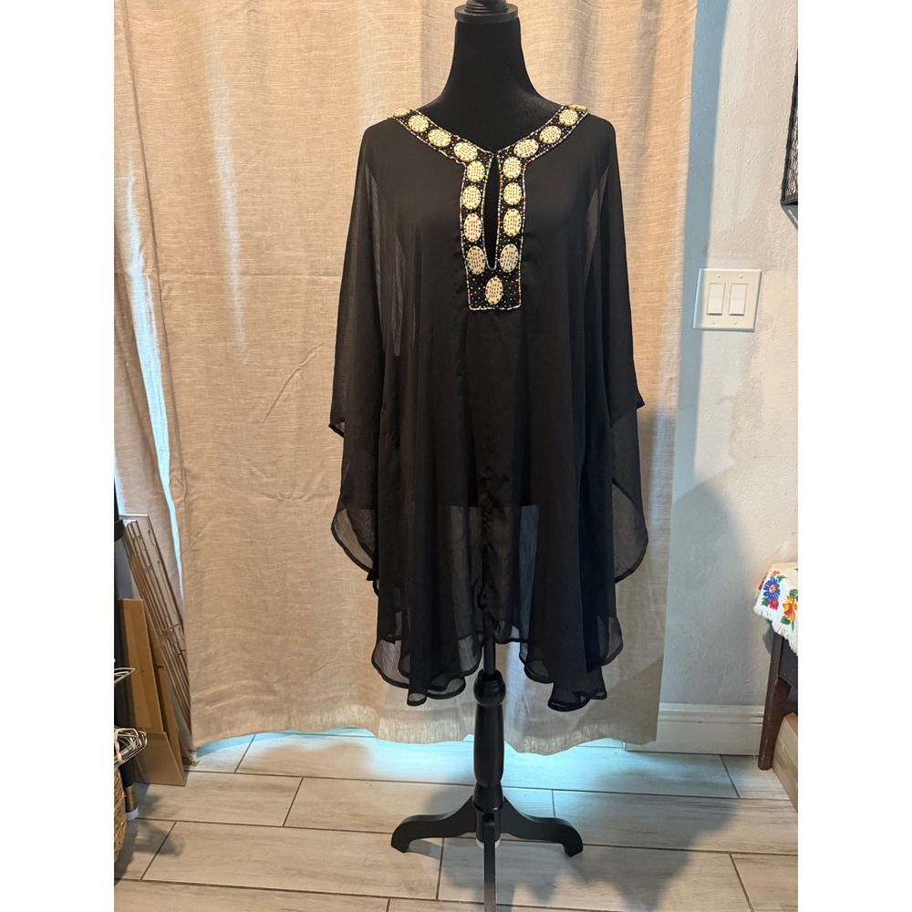 Spin Mitchell Gross Black Sheer Beaded Kaftan Top Boho Missy Draped High Low